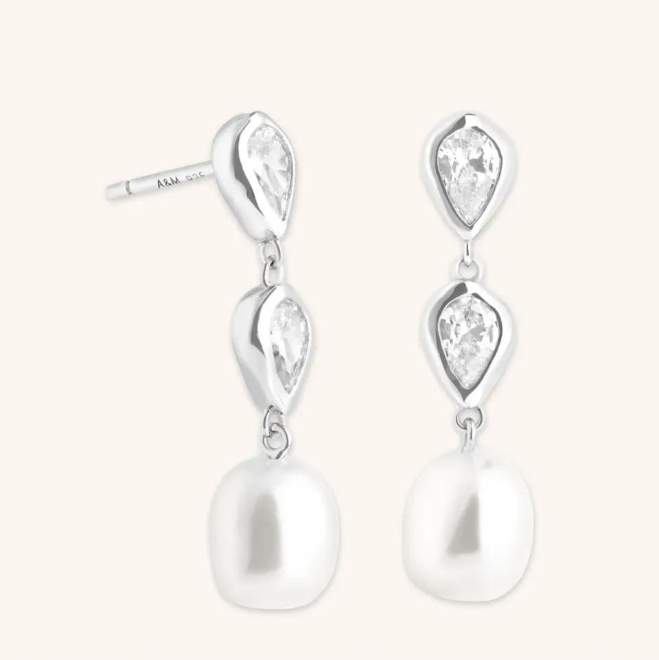 Astrid & Miyu Pearl & Crystal Drop Studs boucles d’oreilles argent perle