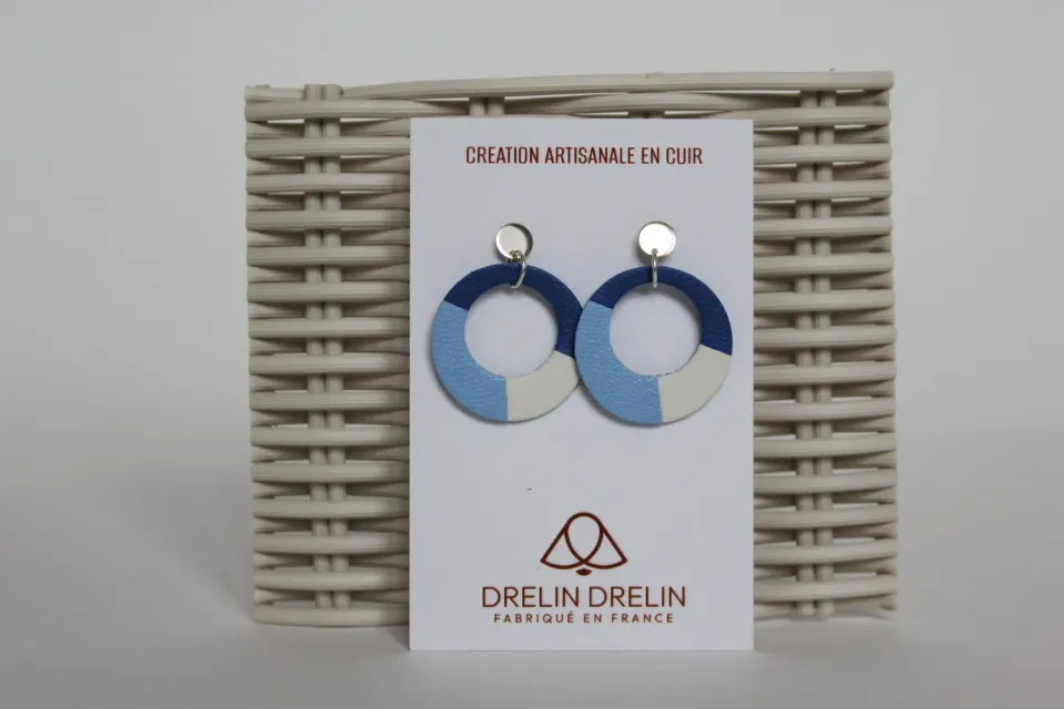 Drelin boucles d’oreilles cuir bleu blanc hypoallergénique