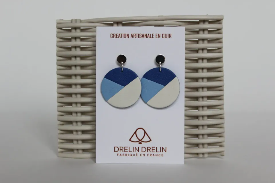 Drelin boucles d'oreilles cuir bleu trio argent 925