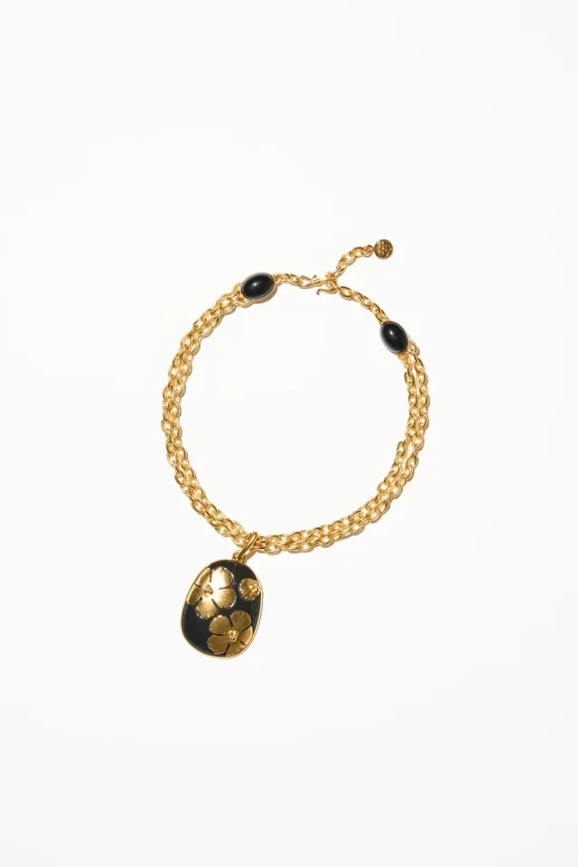 Philippe Ferrandis Magnolia fleurs d'or collier vert noir 39 cm