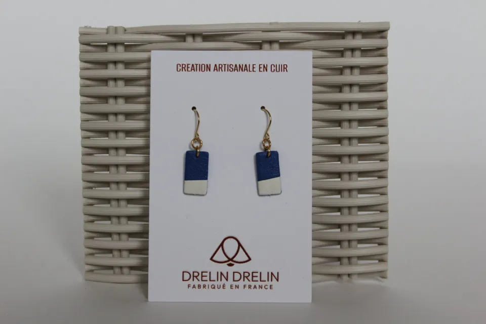 Drelin boucles d’oreilles cuir bleu blanc doré
