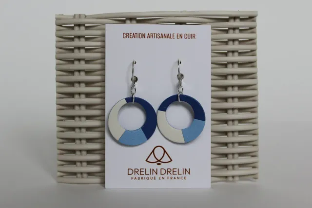 Drelin Trio Bleu Blanc boucles d’oreilles dormeuses argent 925 cuir