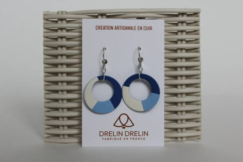 Drelin Trio Bleu Blanc boucles d’oreilles dormeuses argent 925 cuir