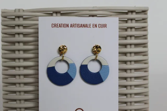 Drelin Trio Bleu Blanc boucles d’oreilles laiton plaqué or cuir
