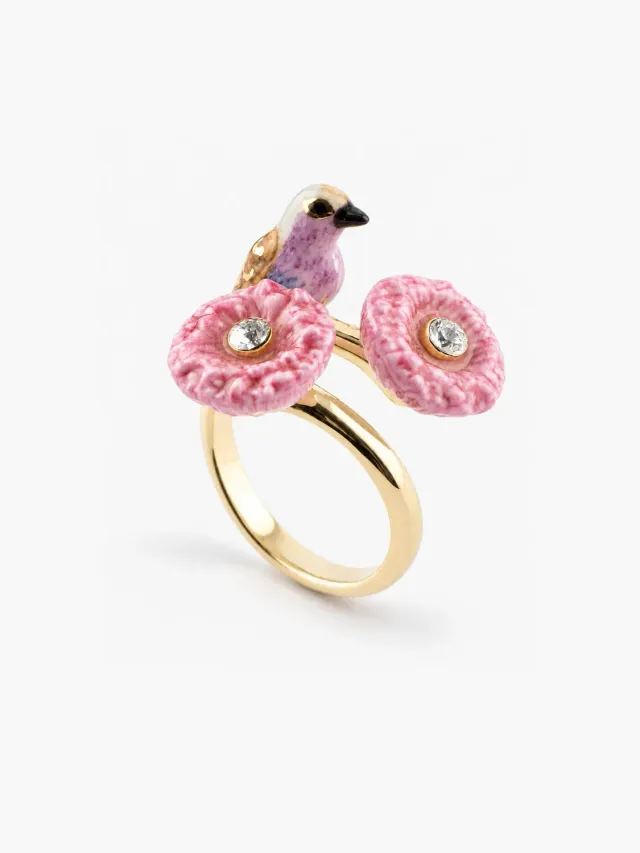 Nach Bijoux oiseau et chardons roses bague ajustable porcelaine