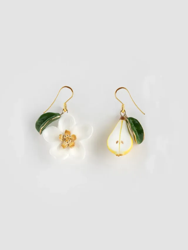 Nach Bijoux fleur de poirier poire et feuille boucles d’oreilles porcelaine