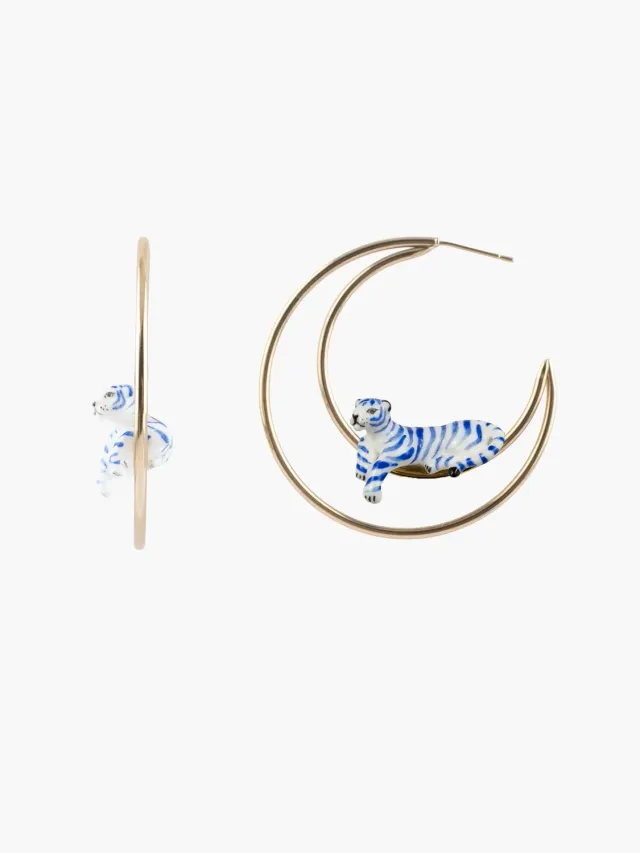 Nach Bijoux lune tigre bleu créoles porcelaine dorées
