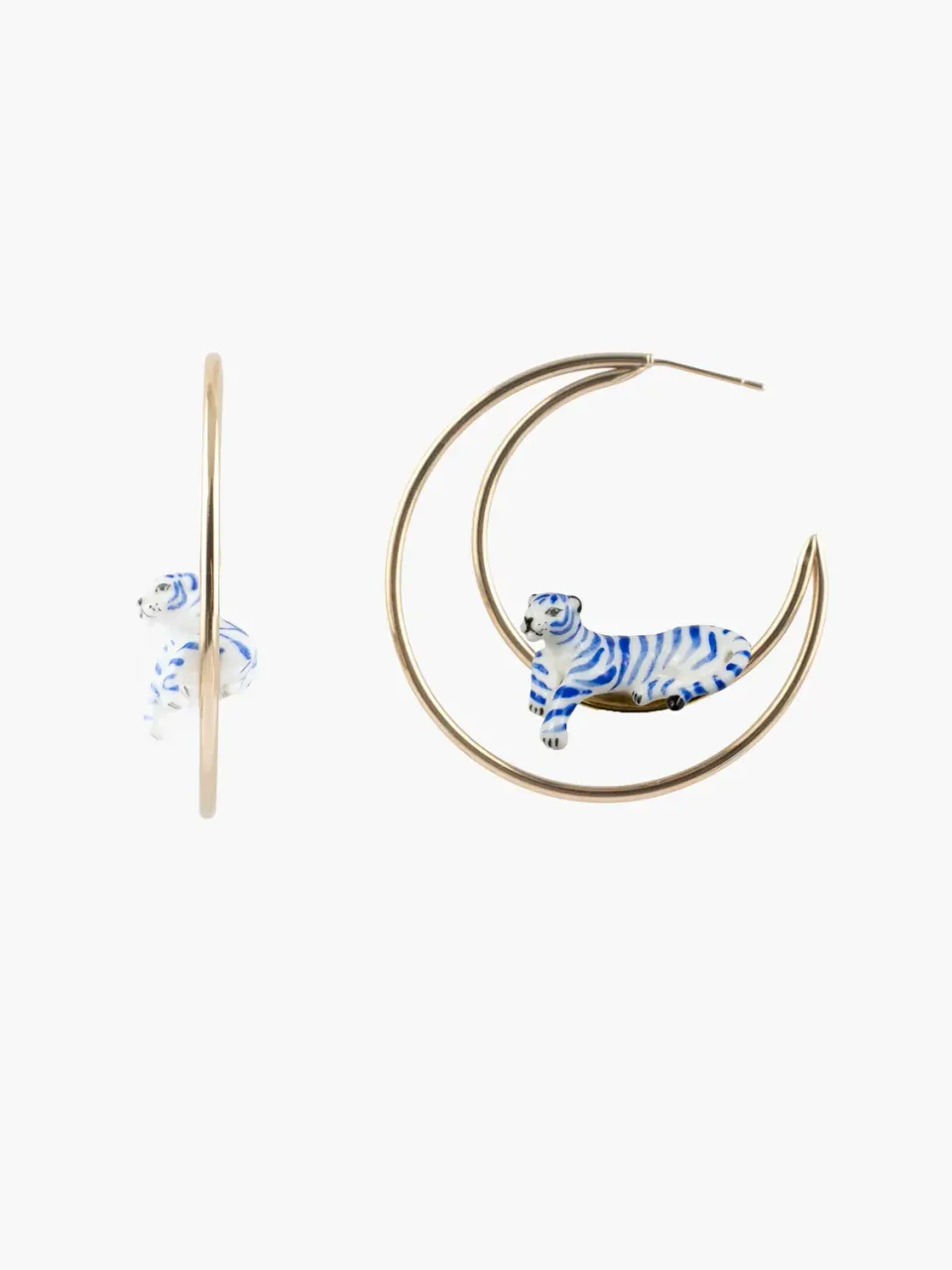 Nach Bijoux lune tigre bleu créoles porcelaine dorées