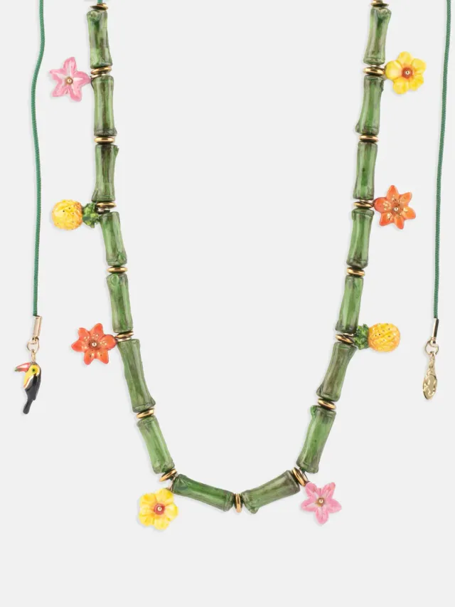 Nach Tropical Collier Perles de Bambou fleurs porcelaine vert 80 cm