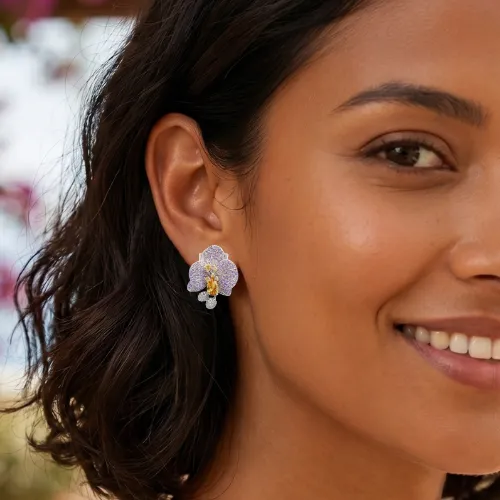 Nao de Paris Orchidée Mauve boucles d'oreilles zirconium