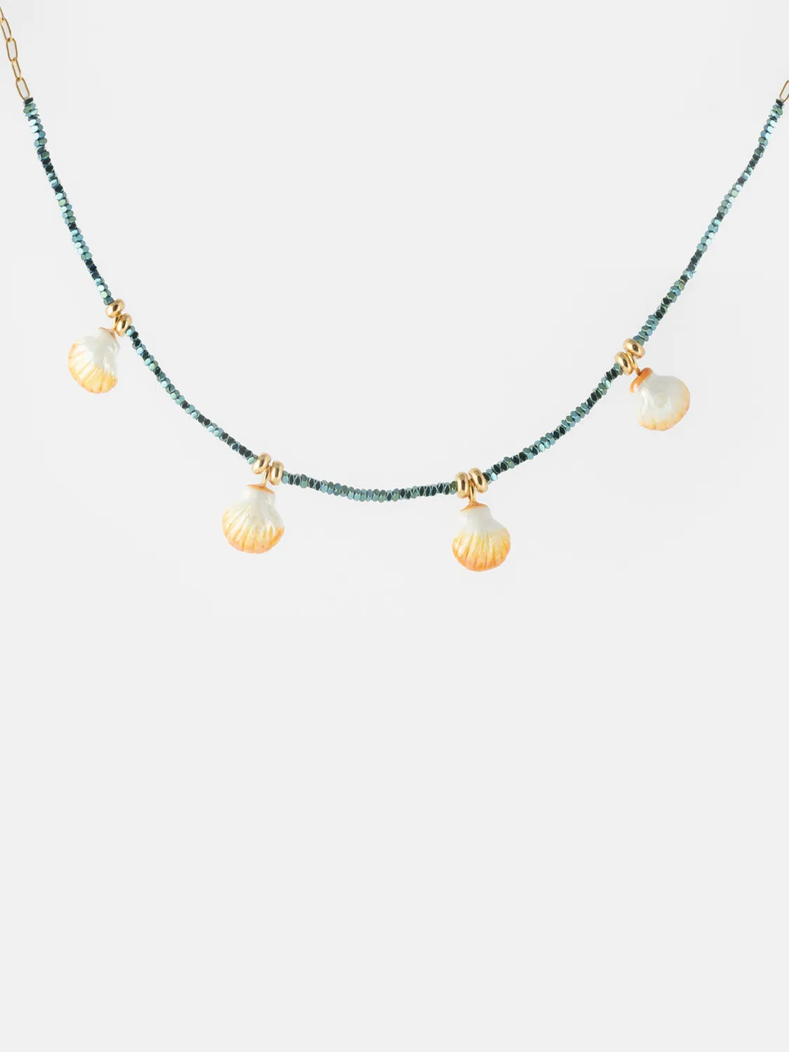 Nach Bijoux collier perles hématite coquillages vert porcelaine