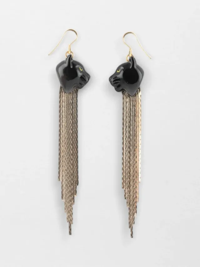 Nach Bijoux panthère noire à franges boucles d'oreilles porcelaine