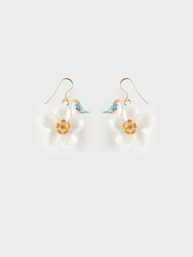 Nach Bijoux fleur blanche oiseau bleu boucles doreilles porcelaine