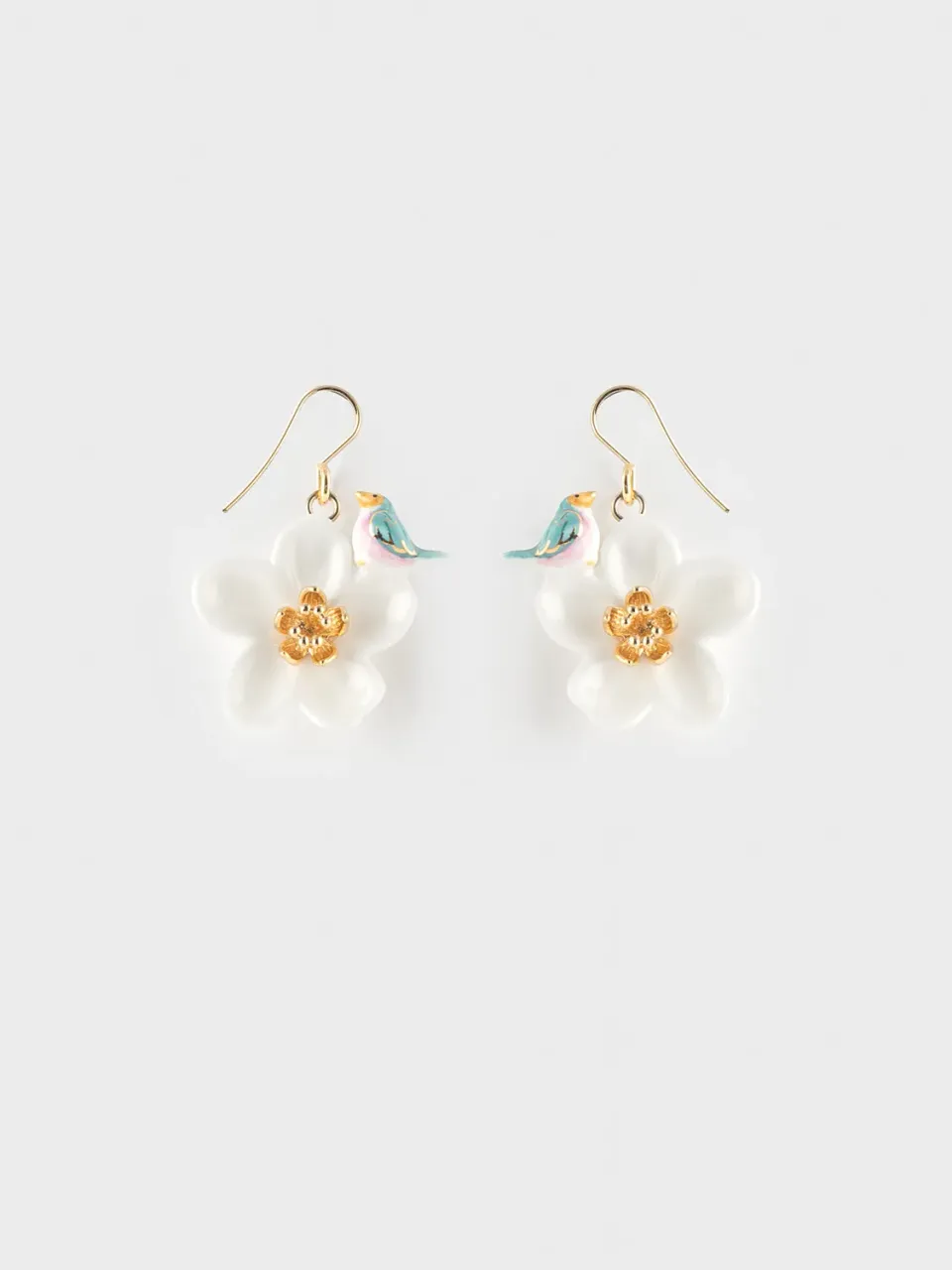 Nach Bijoux fleur blanche oiseau bleu boucles doreilles porcelaine