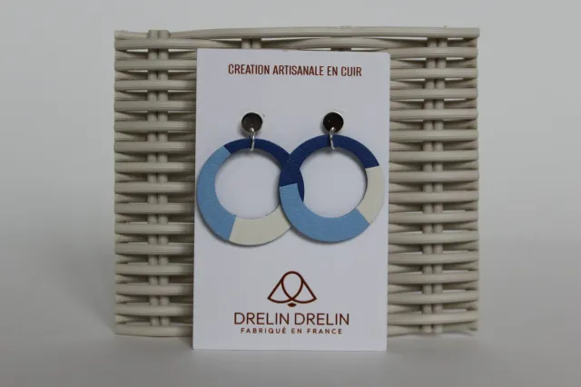 Drelin boucles d'oreilles cuir bleu blanc trio argent