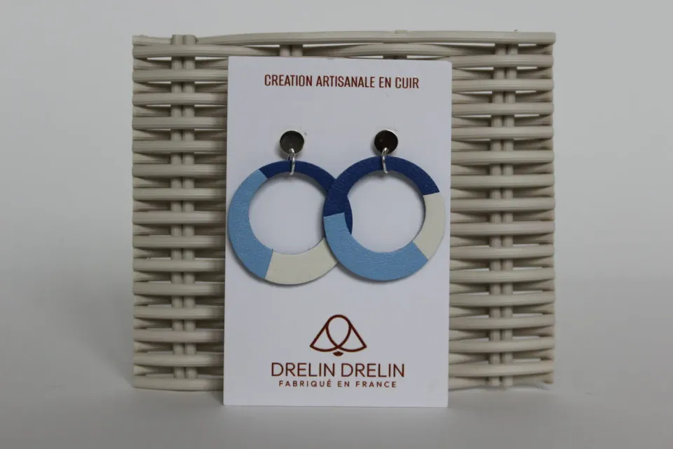 Drelin boucles d'oreilles cuir bleu blanc trio argent