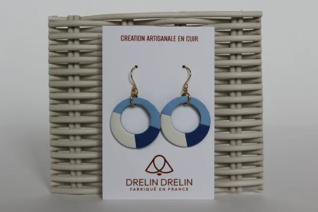 Drelin boucles d'oreilles cuir bleu blanc doré plaqué or
