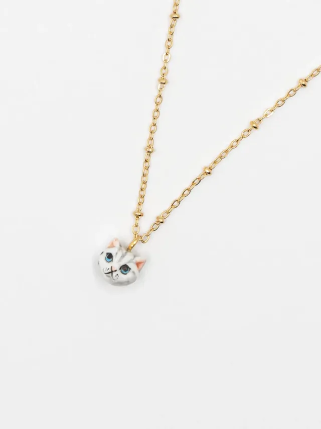 Nach Bijoux tête de chat tabby collier porcelaine doré