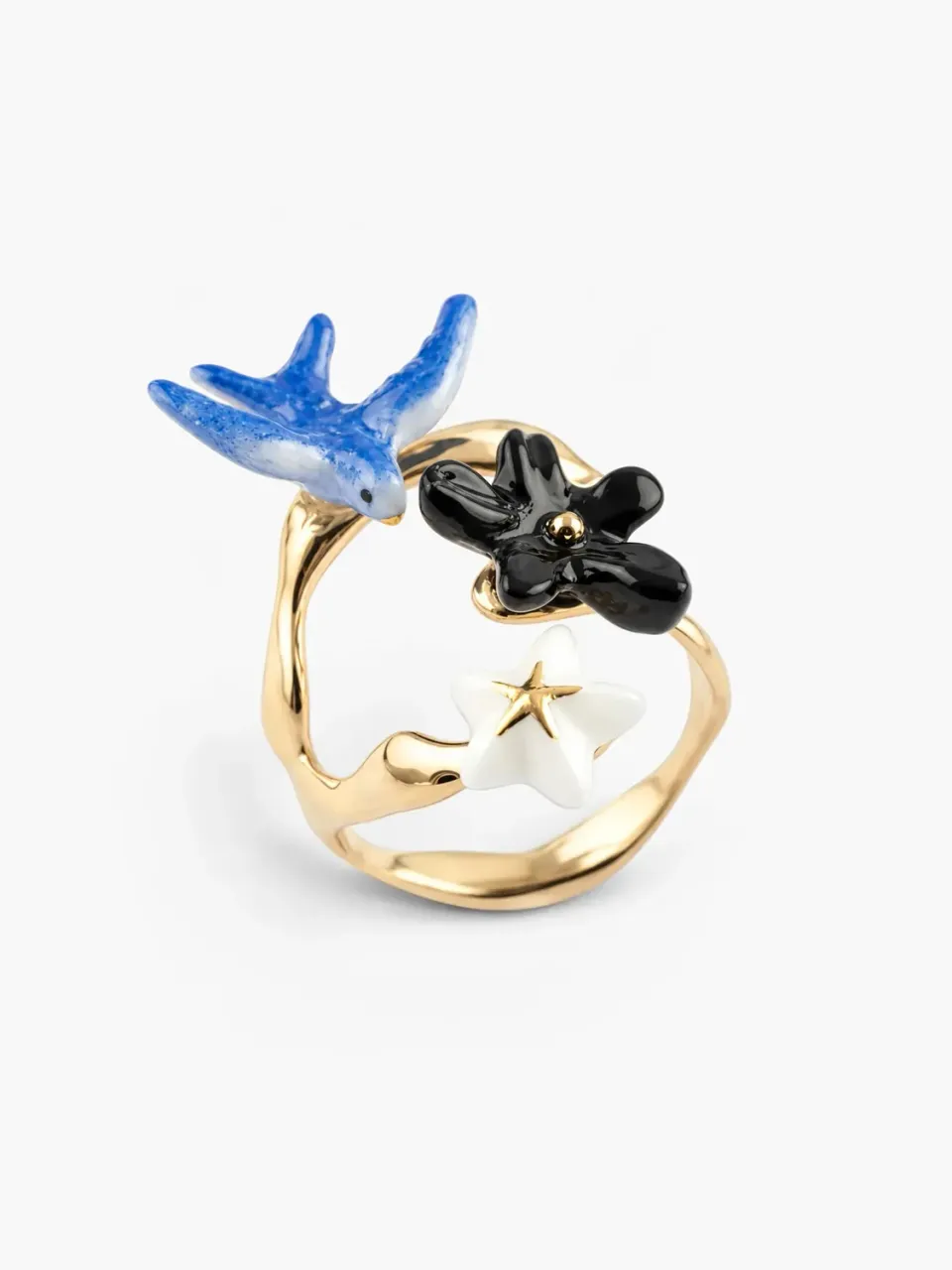 Nach Bijoux hirondelle bleue et fleurs bague ajustable dorée