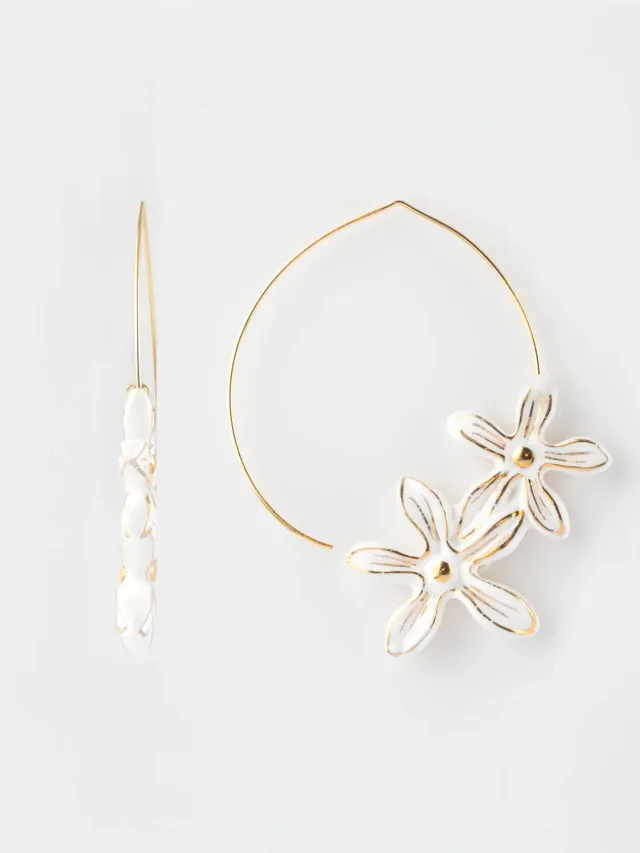 Nach Bijoux grandes créoles fleurs d'Erine blanche porcelaine 45 mm
