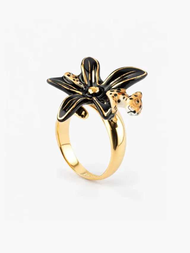 Nach Bijoux bague fleur d'Erine et léopard porcelaine ajustable