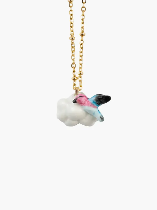 Nach Bijoux Cosmic collier colibri et nuage porcelaine doré 46 cm