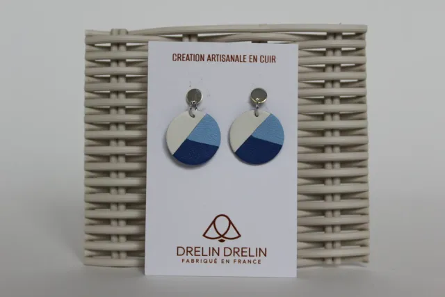 Drelin boucles d’oreilles cuir bleu blanc argent