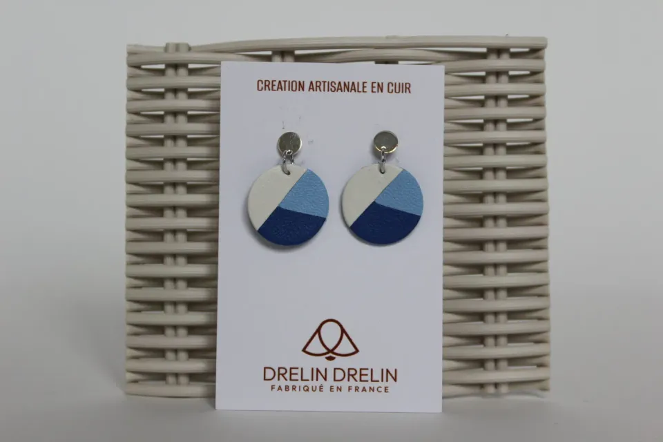 Drelin boucles d’oreilles cuir bleu blanc argent