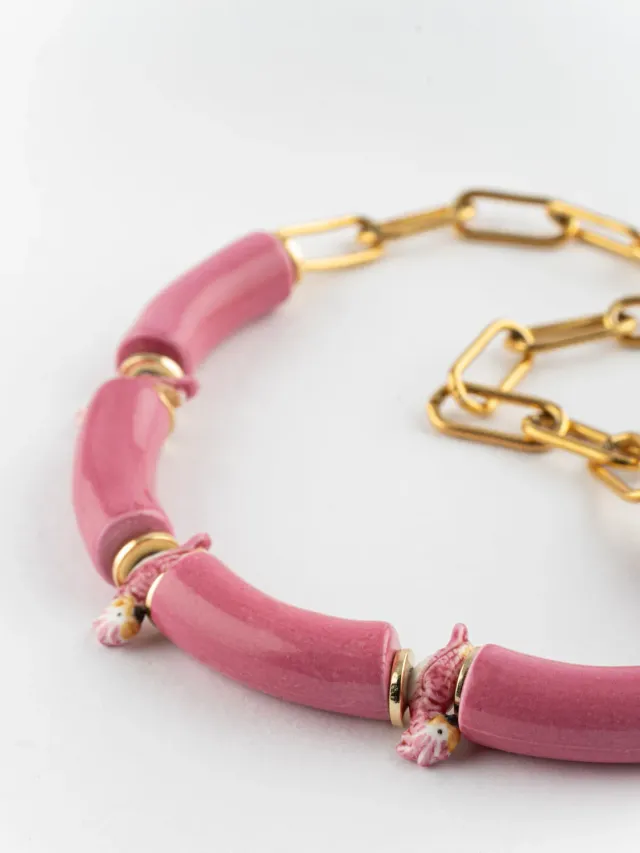 Nach Bijoux cacatoès collier perles roses porcelaine 45 cm