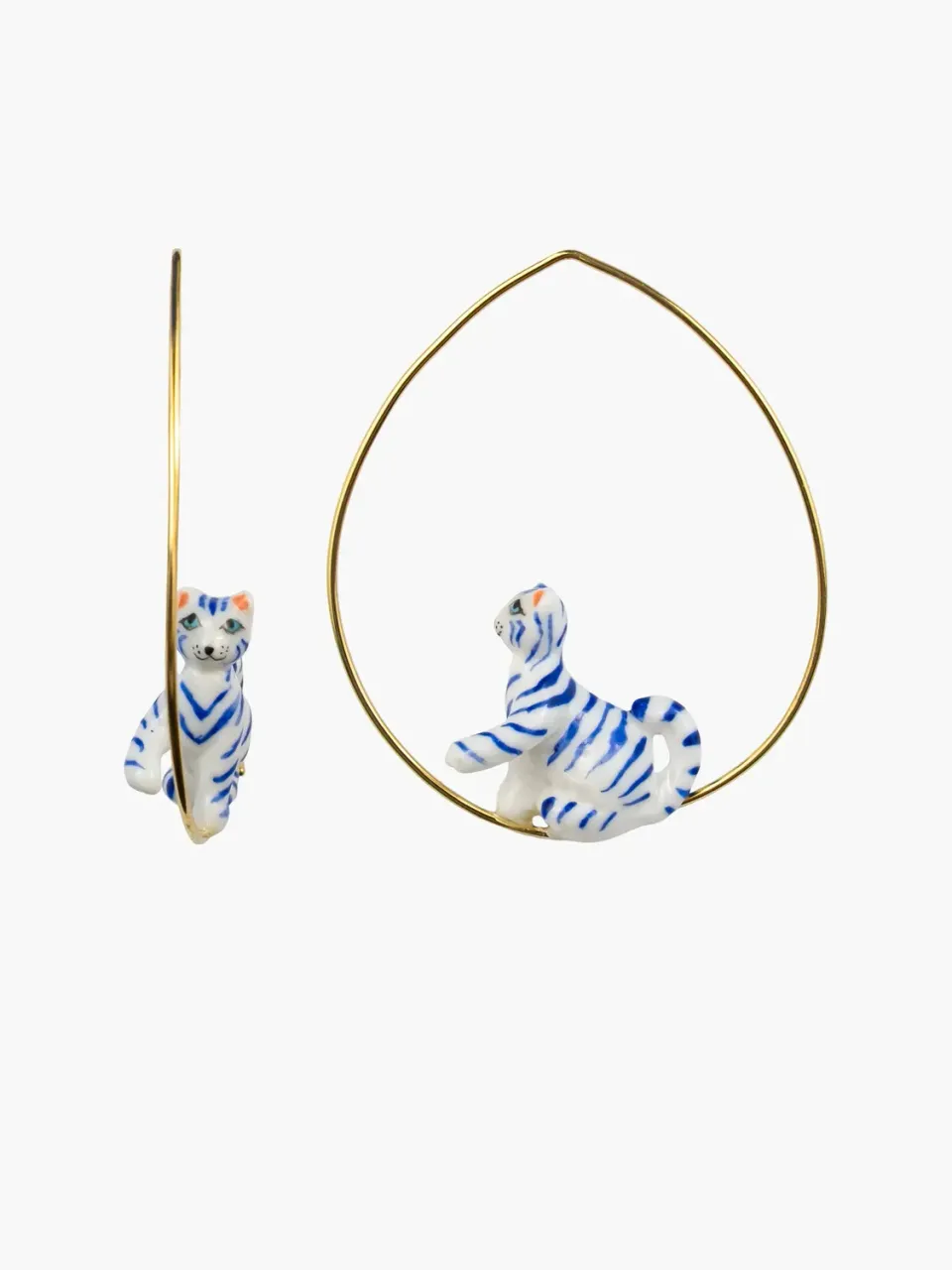 Nach Bijoux Grandes créoles chat bleu et blanc boucles doreilles porcelaine