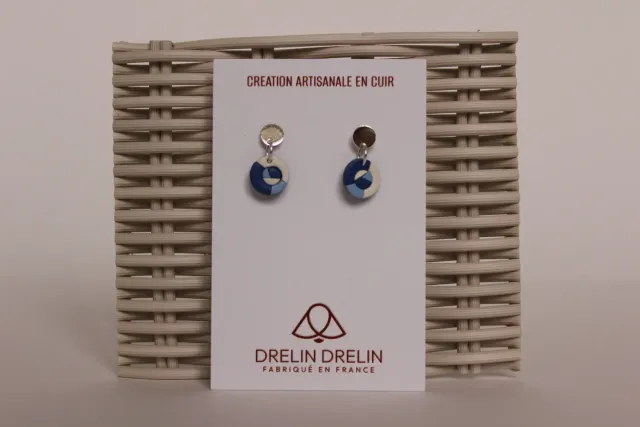 Drelin boucles d’oreilles marqueterie cuir bleu blanc