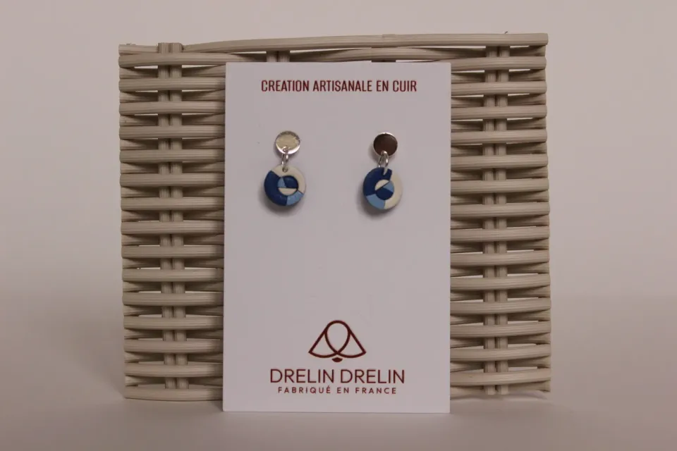 Drelin boucles d’oreilles marqueterie cuir bleu blanc