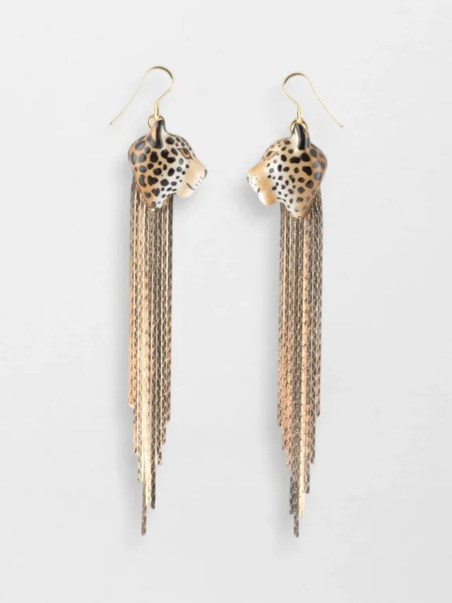 Nach Léopard boucles d'oreilles franges dorées 9 cm