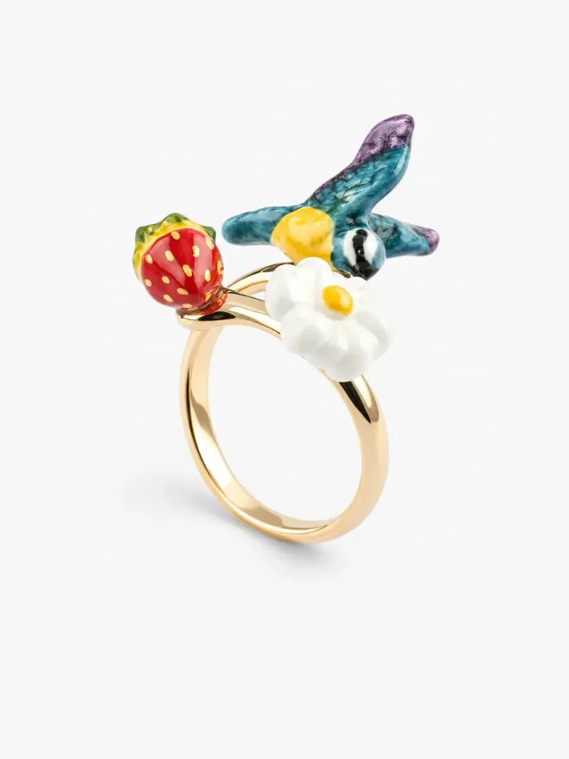 Nach Bijoux mésange fleur fraise bague ajustable porcelaine