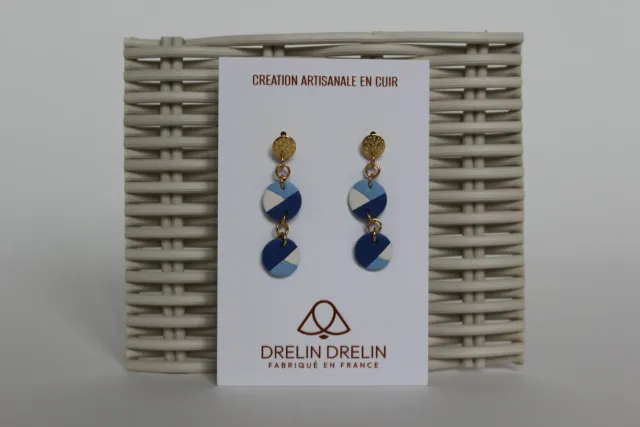 Drelin Trio Bleu Blanc boucles d’oreilles cuir laiton doré