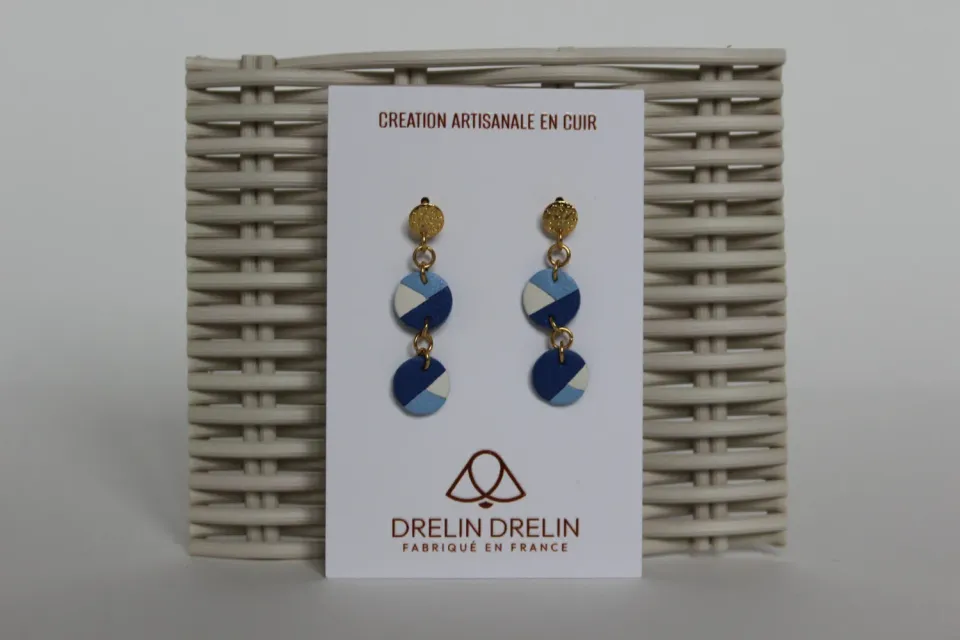 Drelin Trio Bleu Blanc boucles d’oreilles cuir laiton doré