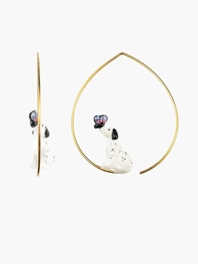 Nach Bijoux chien dalmatien papillon boucles créoles acier blanc
