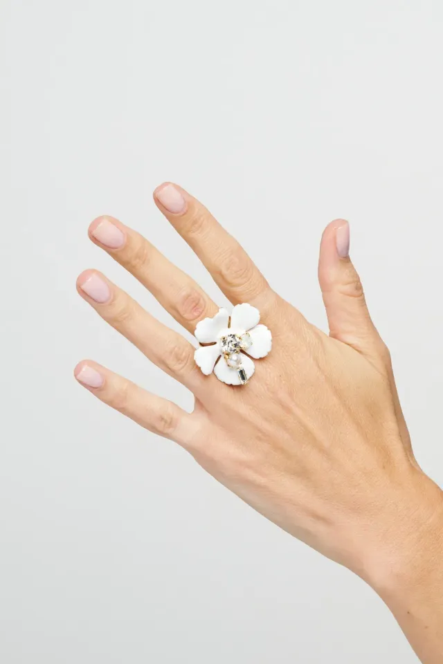 Philippe Ferrandis Ischia bague fleur ajustable émail blanc