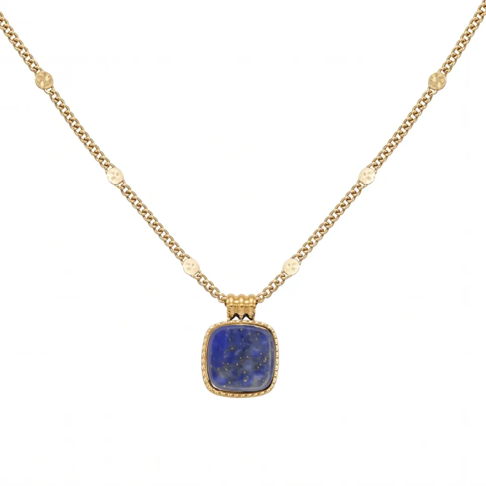 Nao de Paris Vintage collier lapis lazuli acier doré 38 cm