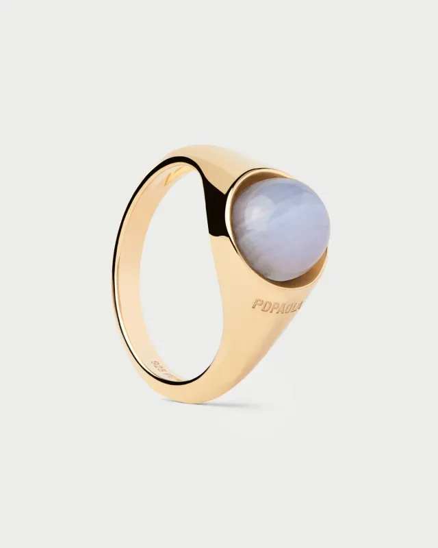 PDPAOLA Aqua Moon bague agate bleue taille 12 dorée