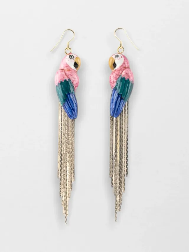 Nach Bijoux Perroquet rose boucles d’oreilles franges 9 cm