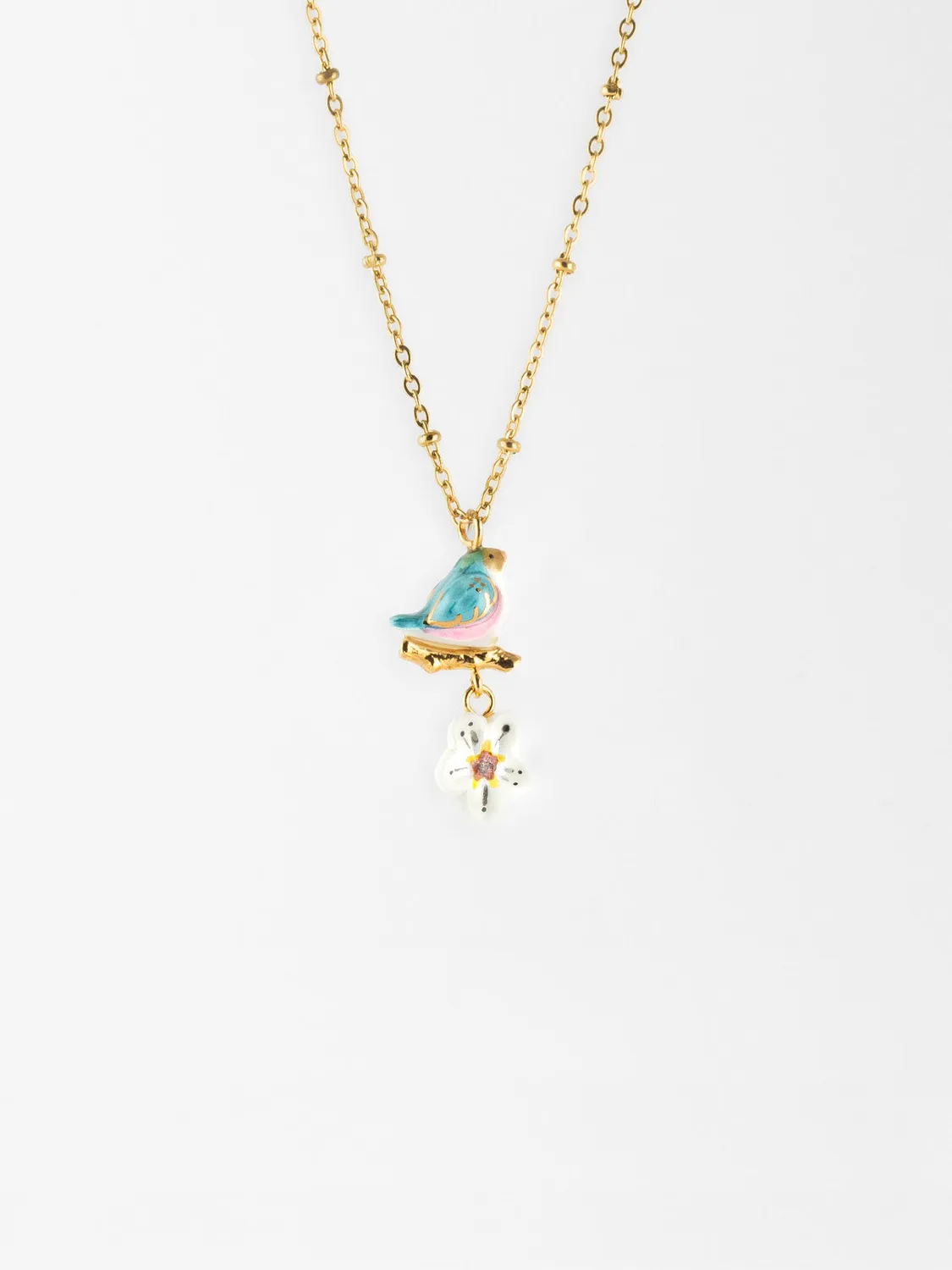 Nach Bijoux oiseau sur branche et fleur collier perles 48 cm