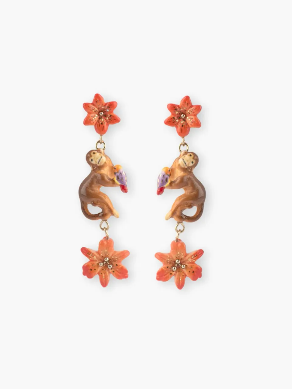 Nach Bijoux lys et singe boucles d'oreilles pendantes porcelaine orange