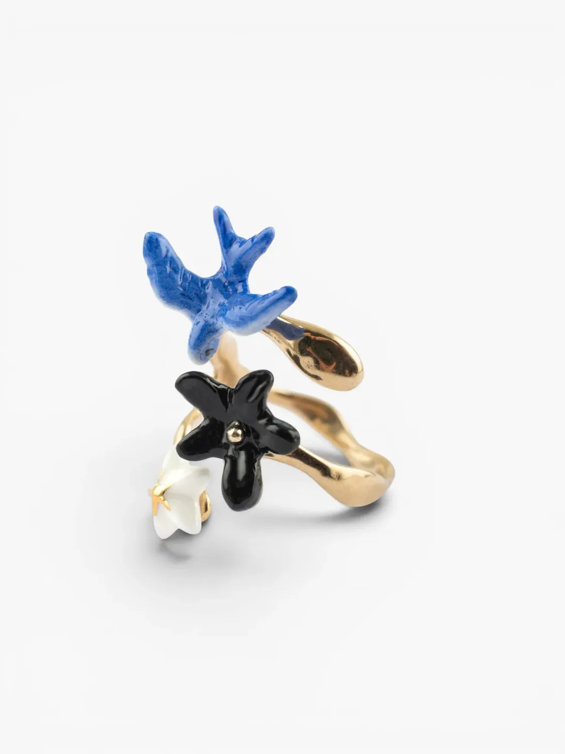 Nach Bijoux hirondelle bleue et fleurs bague ajustable dorée