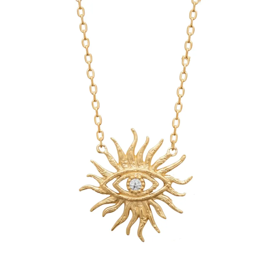 Collier Regard Solaire oeil protecteur plaqué or 45cm