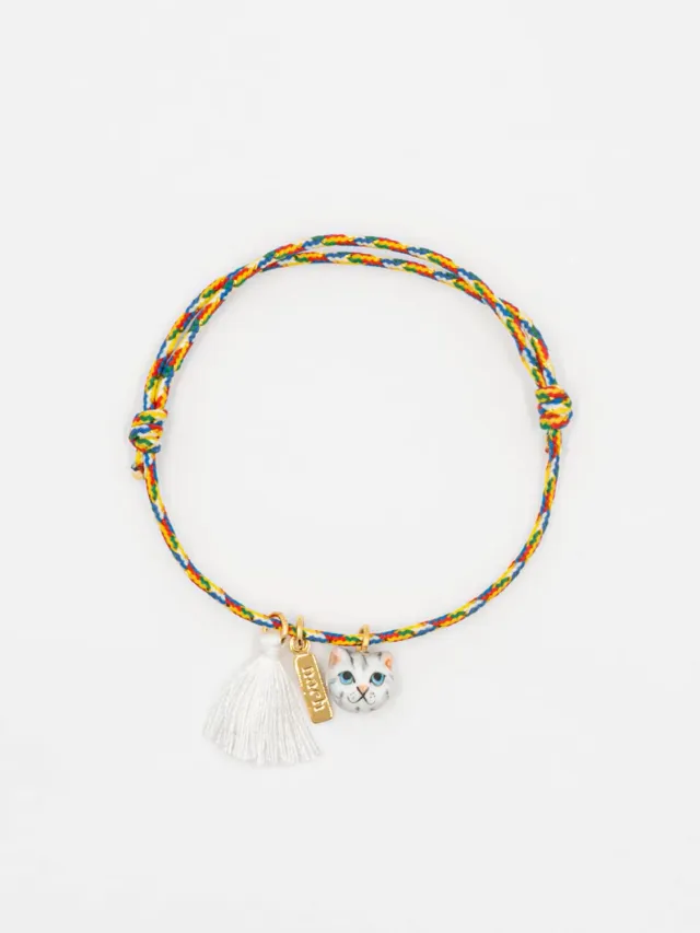 Nach Bijoux chat tabby bracelet cordon multicolore pompon