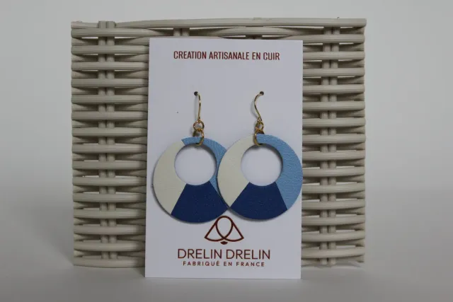 Drelin Trio Bleu Blanc boucles d’oreilles argent 925 doré cuir