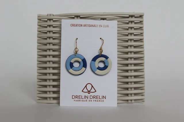 Drelin boucles d'oreilles cuir bleu blanc plaqué or