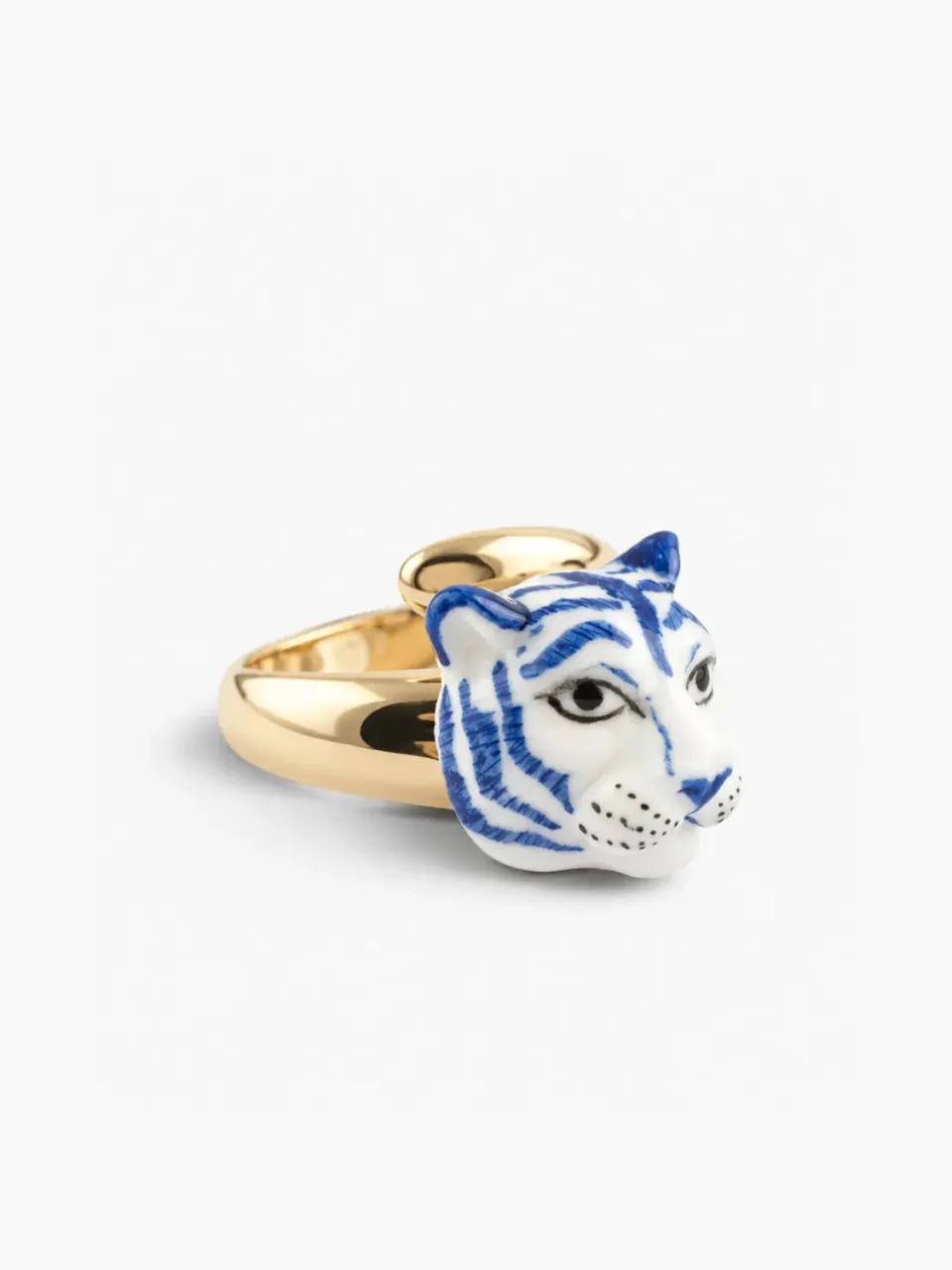 Nach Bijoux tigre bleu bague ajustable porcelaine feuille dor