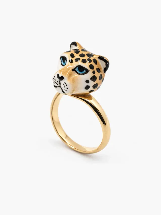 Nach Bijoux tête de léopard bague ajustable porcelaine dorée